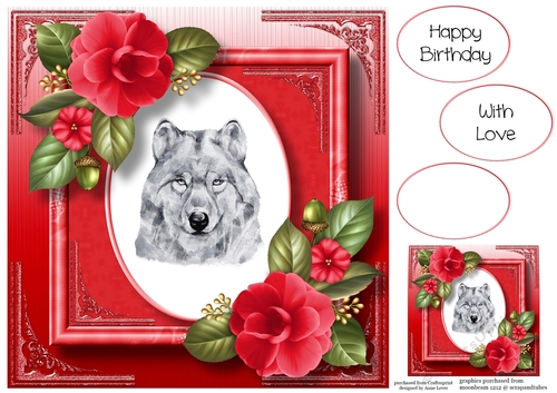 Gorgeous Wolf Painting With Camellias 8x8