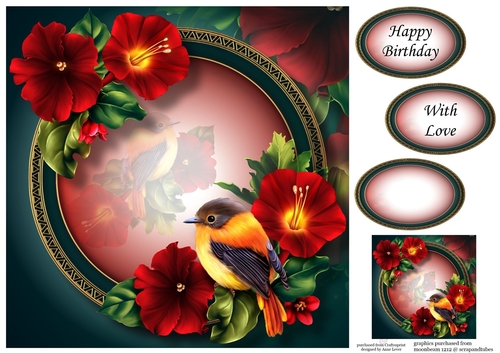 Rich Red Flowers & Beautiful bird 8x8