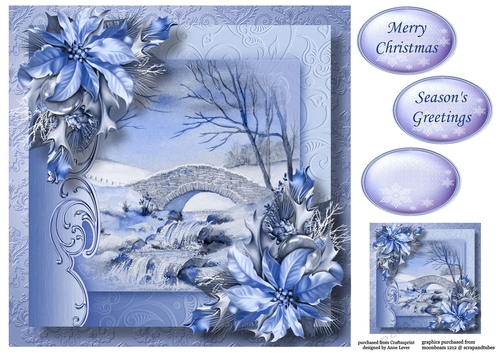 Christmas Monochrome Blue - Snowy Bridge & Stream 8x8