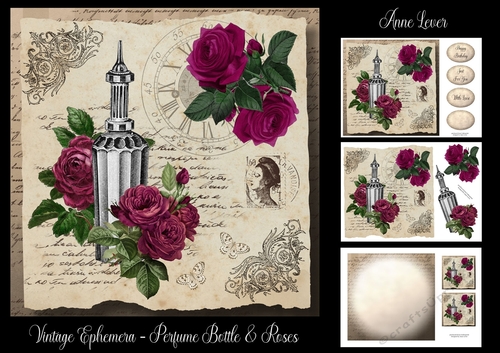 Vintage Ephemera - Perfume Bottle & Roses