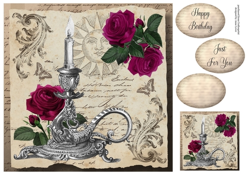 Vintage Ephemera - Candlestick & Roses 8x8