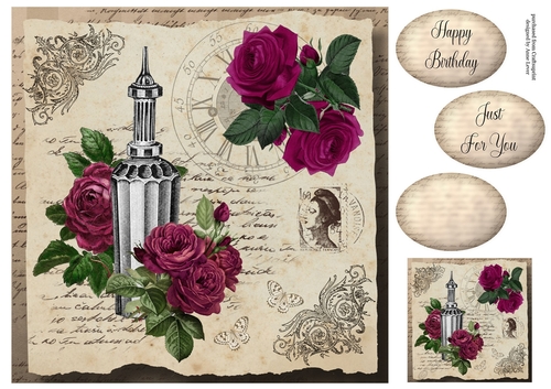Vintage Ephemera - Perfume Bottle & Roses 8x8