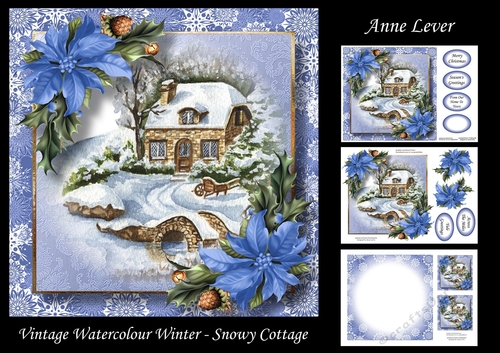 Vintage Watercolour Winter - Snowy Cottage