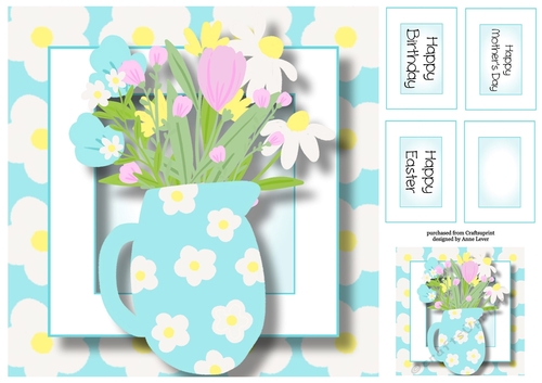 Blue Jug Of Spring Flowers, Birthday, Mothers Day, Easter