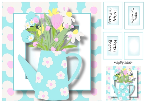 Blue Watering Can Of Spring Flowers, Birthday, Mothers Day, Easter