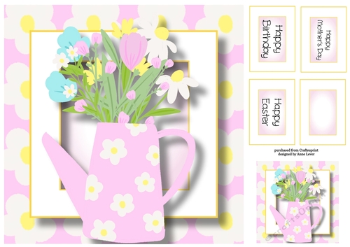 Pink Watering Can Of Spring Flowers, Birthday, Mothers Day, Easter