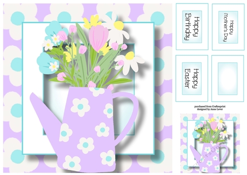 Purple Watering Can Of Spring Flowers, Birthday, Mothers Day, Easter