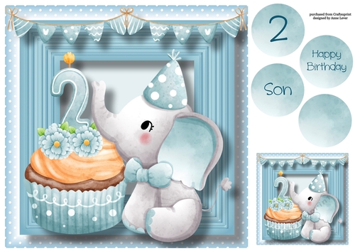 Baby Boy Second Birthday - Elephant Cupcake 8x8