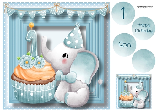 Baby Boy First Birthday - Elephant Cupcake 8x8