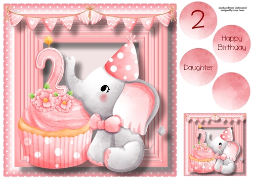 Baby Girl Second Birthday - Elephant Cupcake 8x8