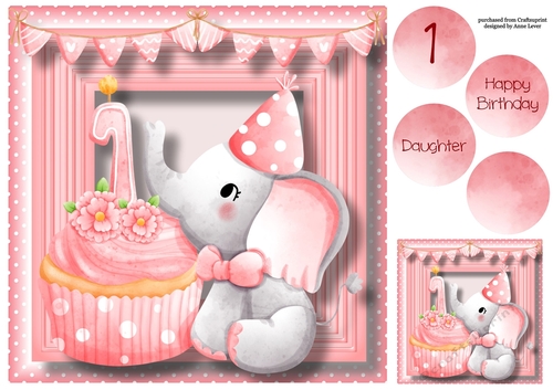 Baby Girl First Birthday - Elephant Cupcake 8x8