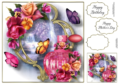 Perfume Bottle On Golden Frame - Garden Party Blooms 8x8