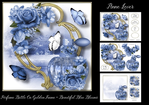 Perfume Bottle On Golden Frame - Beautiful Blue Blooms