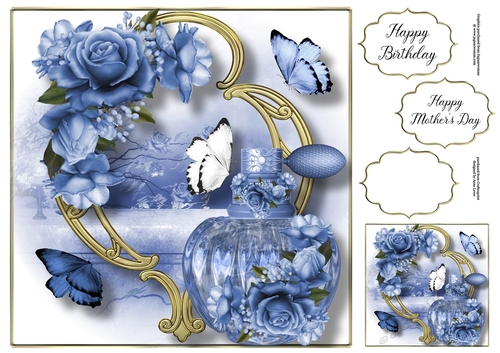 Perfume Bottle On Golden Frame - Beautiful Blue Blooms 8x8