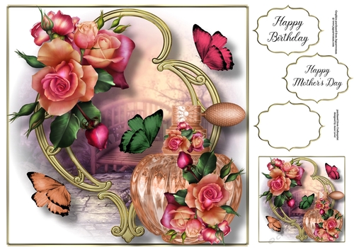 Perfume Bottle On Golden Frame - Peach Melba Blooms 8x8