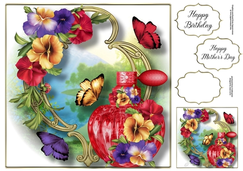 Perfume Bottle On Golden Frame - Pansy Blooms 8x8