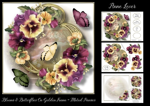 Blooms & Butterflies On Golden Frame - Muted Pansies