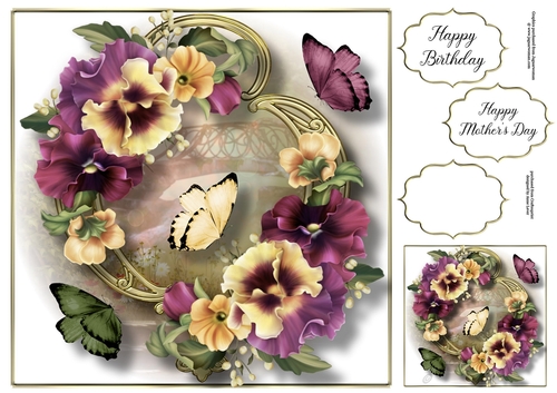 Blooms & Butterflies On Golden Frame - Muted Pansies 8x8