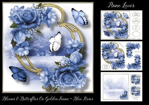 Blooms & Butterflies On Golden Frame - Blue Roses