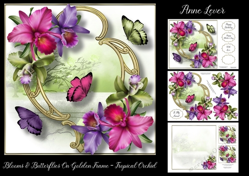 Blooms & Butterflies On Golden Frame - Tropical Orchids