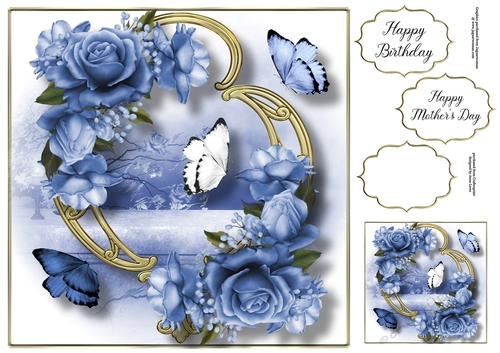 Blooms & Butterflies On Golden Frame - Blue Roses 8x8
