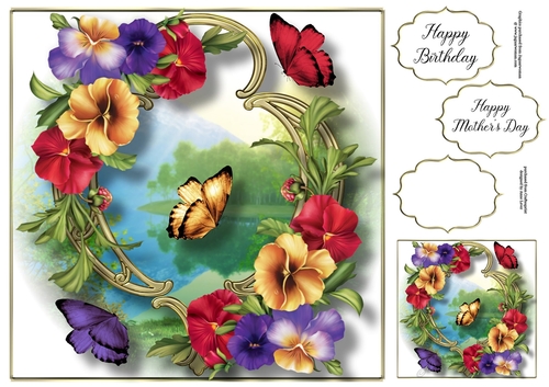 Blooms & Butterflies On Golden Frame - Pansies 8x8