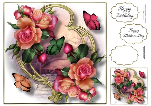 Blooms & Butterflies On Golden Frame - Peach Melba Roses 8x8