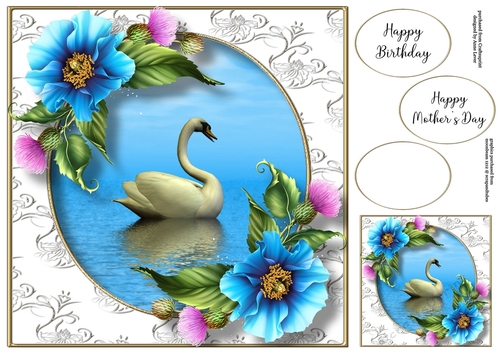 Gorgeous Swan With Blue Poppies 8x8