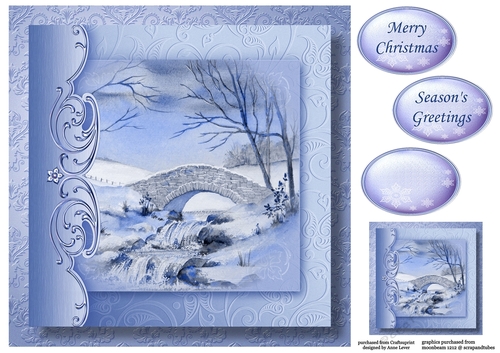 Christmas Monochrome Blue No Flowers - Snowy Bridge & Stream