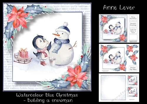 Watercolour Blue Christmas - Building A Snowman