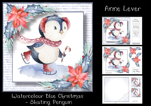 Watercolour Blue Christmas - Skating Penguin
