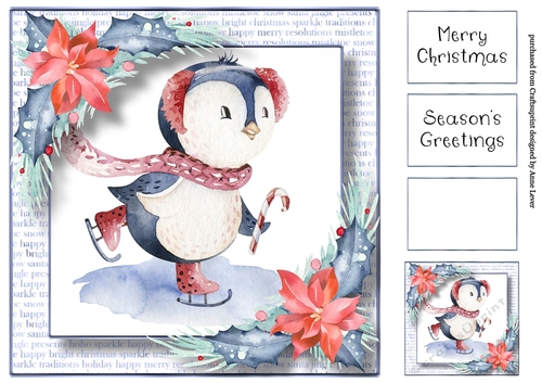 Watercolour Blue Christmas - Skating Penguin 8x8