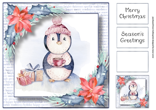 Watercolour Blue Christmas - Hot Choc Penguin 8x8