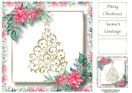 Golden Christmas Tree & Poinsettias 8x8