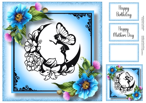 Crescent moon Fairy With Blue Poppies 8x8