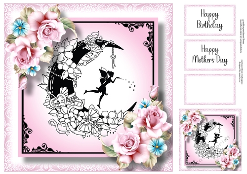 Crescent moon Fairy With Pink Roses 8x8