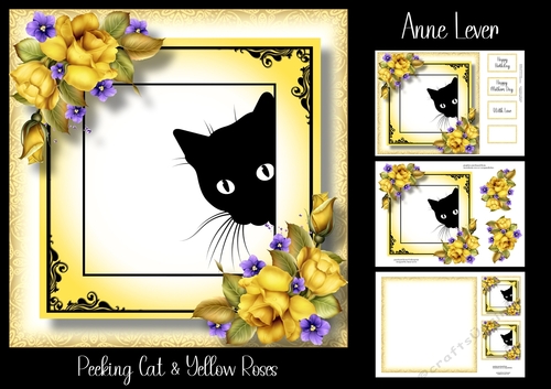 Peeking Cat With Yellow Roses
