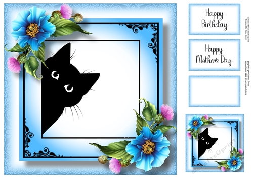Peeking Cat With Blue Poppies 8x8