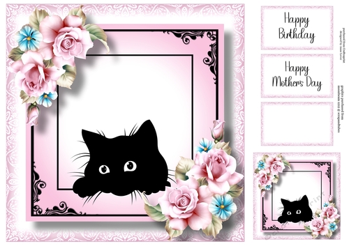 Peeking Cat With Pink Roses 8x8