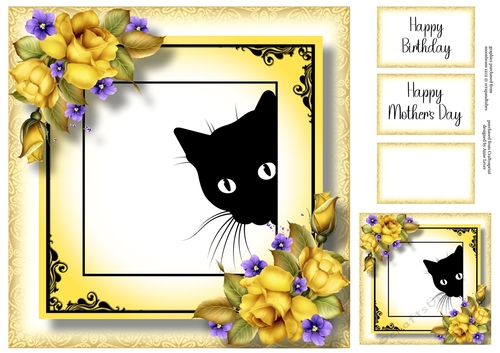 Peeking Cat With Yellow Roses 8x8
