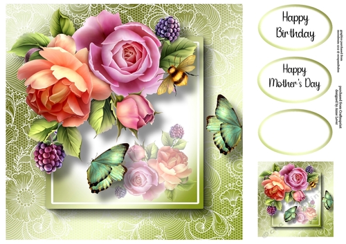Lovely Lace Back English Roses & Butterflies 8x8