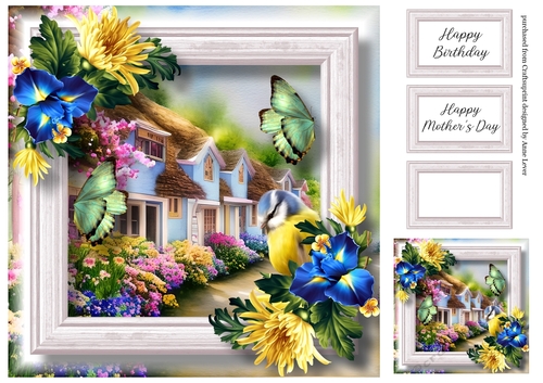 Beautiful Spring Cottage & Blue Iris 8x8