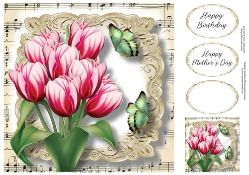 Fabulous Floral With Sheet Music - Pink Tulips 8x8
