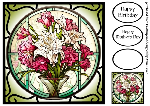 Floral Stained Glass Window - Pink Bouquet 3 8x8
