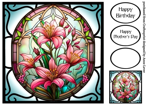 Floral Stained Glass Window - Pink Bouquet 1 8x8