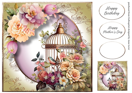 Vintage Floral Birdcage 2 8x8