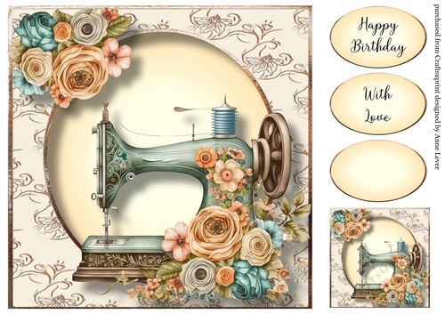 Vintage Floral Sewing Machine 3 8x8