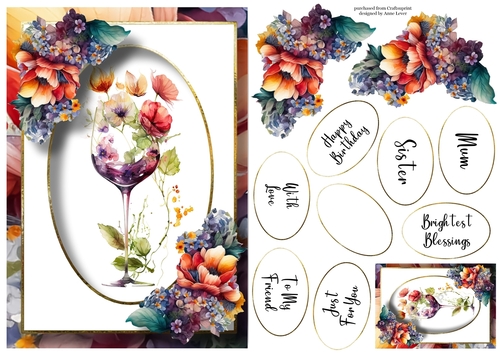 Wine Glass & Flowers 3 A5