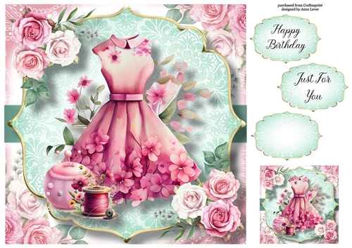 Vintage Pink Roses Sewing - Pink Dress 8x8