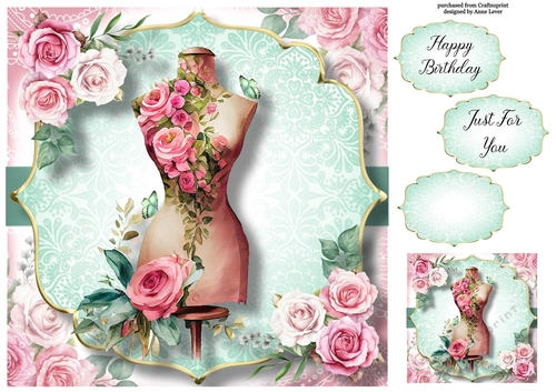 Vintage Pink Roses Sewing - Dress Form 8x8